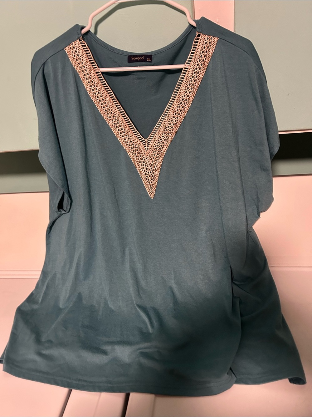 V-Neck Crochet Trim Women's Top in Teal